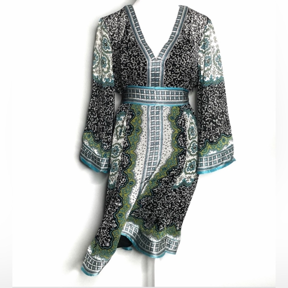 NWT INC International Concepts Dress Cottage Guest House Silk Boho Bell Sleeve
